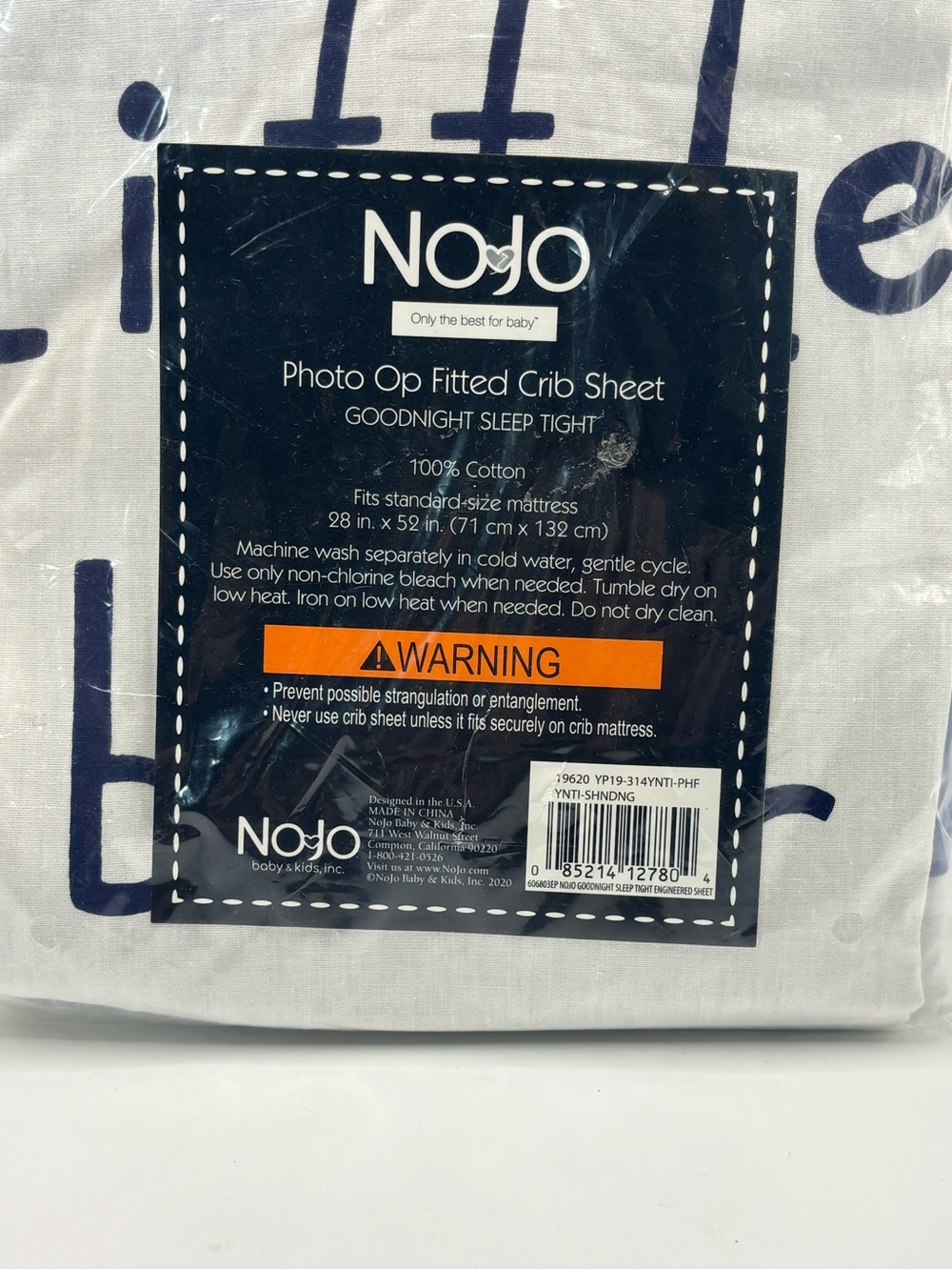NoJo Photo Op Fitted Crib Sheet in White with Navy Print